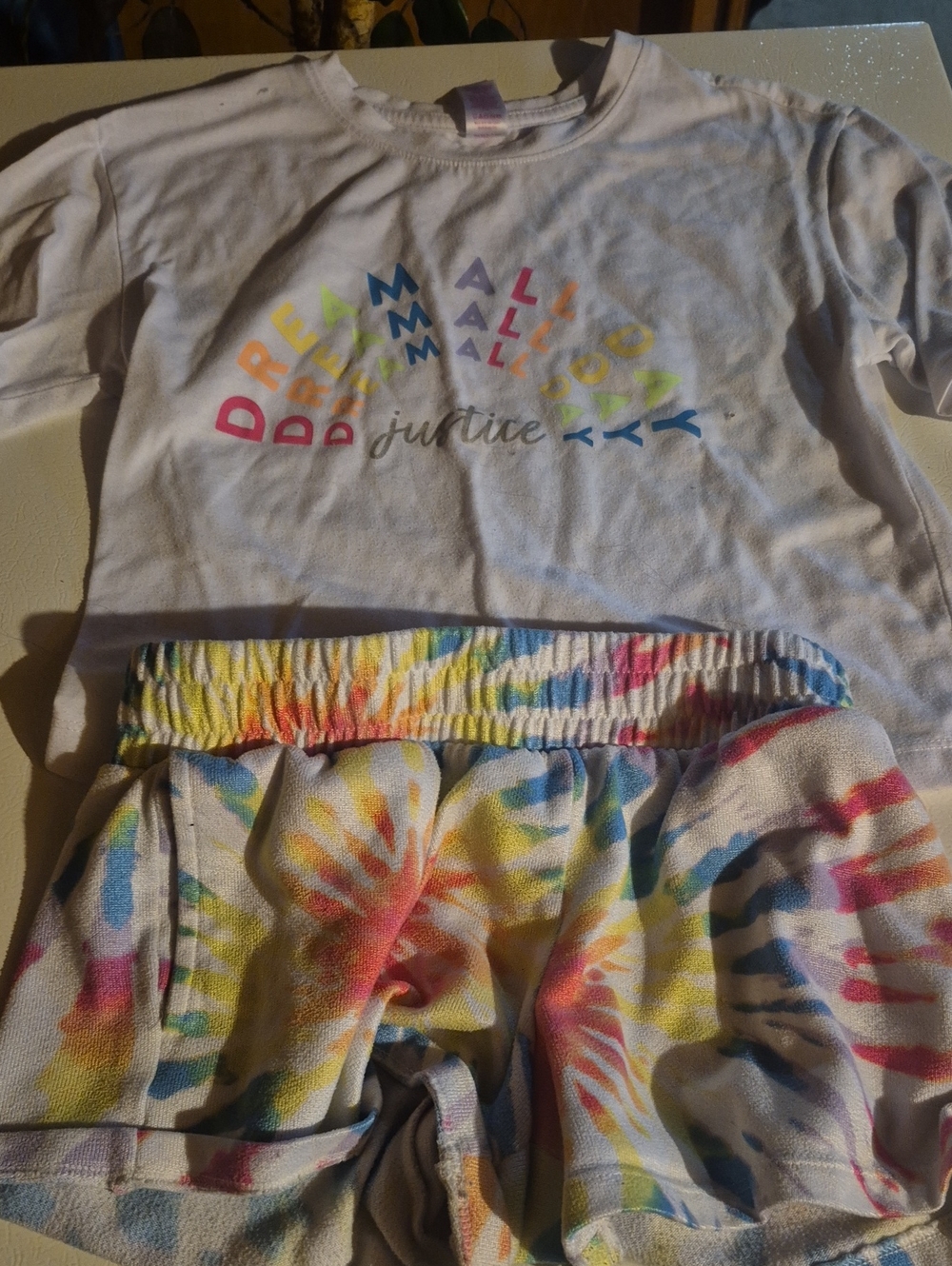 Justice White Top with Multicolor Rainbow Tie-Dye Shorts